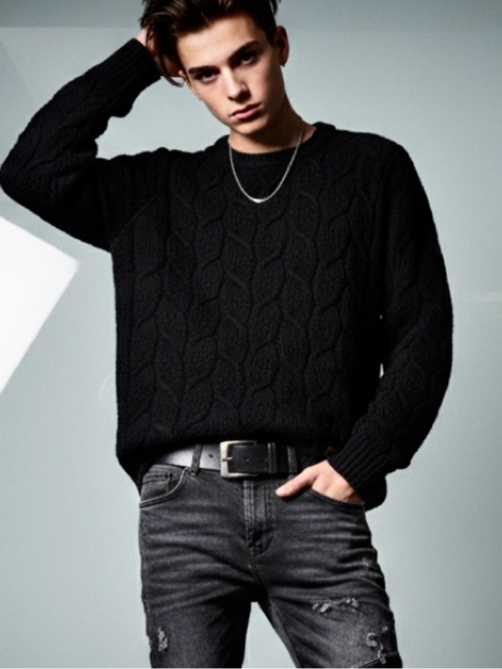 Creation Libero Wool Blend Cable Knit Sweater Black Slim Large / Medium